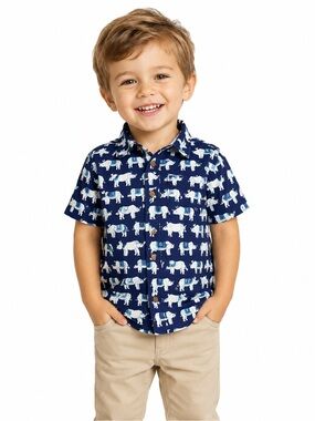 Baby GAP Navy Woven Cotton Button-Down Shirt with White Rhino Print Size 3